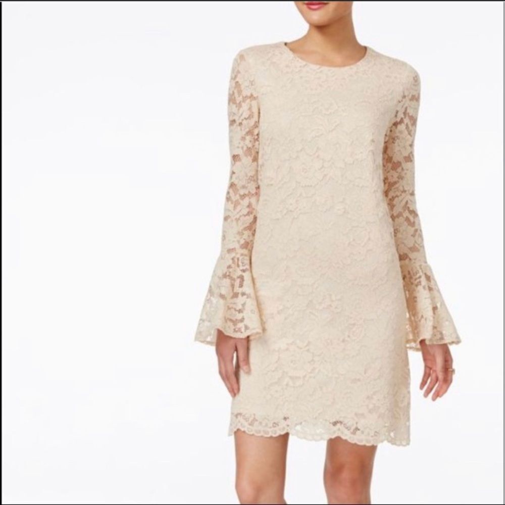 BETSY Johnson ivory lace mini‎ sheath dress with bell sleeves